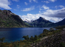 Norway, Lofoten, Indrefjorden, Upper Indrefjorden with Vestpolltinden Mountain behind.  Rocky slope and small trees and shrubs in foreground.
