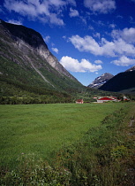 Norway, More og Romsdal, Steep sided farming valley of Norddal / Meiedalen with red and white painted farm buildings.  Patches of snow lying on domed peak of mountain beyond.