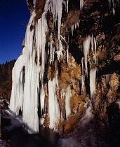 Spain, South Pyrenees, Navarra, Valle de Roncal. Roadside  icicles.