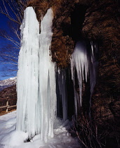 Spain, South Pyrenees, Navarra, Valle de Roncal. Mini frozen waterfall.