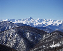 France, Midi Pyrenees, Snow covered peaks of Reserve Dominadu Montvalier. High point 2838m (9294ft) M Valier seen fromCol de Port in febriary.
