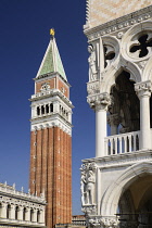 Italy, Venice, St Mark's Campanile or bell tower viewed from the Piazzetta di San Marco with a corner of the Doge's Palace on right.