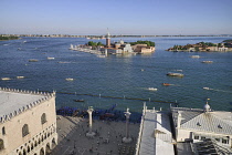Italy, Venice, Island and Church of San Giorgio Maggiore seen from the Campanile di San Marco with St Mark's Square and the Doges Palace down below.