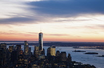 USA, New York, Manhattan, World Trade Center and financial district illuminated at night.