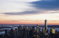 USA, New York, Manhattan, World Trade Center and financial district illuminated at night.