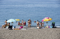 Italy, Campania, Amalfi Coast, Minori beach crowded with families.