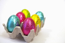 Festivals, Religious, Easter, Multi coloured chocolate eggs in carton.