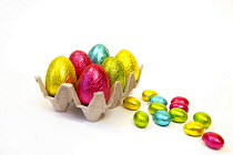 Festivals, Religious, Easter, Multi coloured choclate eggs in carton.