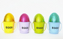 Festivals, Religious, Easter, Multi coloured chocolate eggs in tiny buckets.