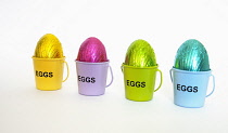 Festivals, Religious, Easter, Multi coloured chocolate eggs in tiny buckets.