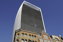 England, London, The Ancient and Modern skyline of the City of London with The Walkie Talkie Building and older buildings in Cheapside.