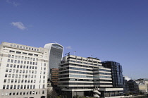 England, London, The Ancient and Modern skyline of the City of London with The Walkie Talkie Building and older buildings viewed from London Bridge.