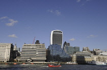 England, London, The view over the River Thames to the Modern Skyline of City of London with the Walkie Talkie and Cheesegrater Buildings.