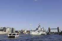England, London, The view along the River Thames to the HMS Belfast and Tower Bridge.
