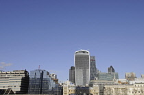 England, London, The view over the River Thames to the Modern Skyline of City of London with the Walkie Talkie and Cheesegrater Buildings.