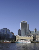 England, London, The view over the River Thames to the Modern Skyline of City of London with the Walkie Talkie and Cheesegrater Buildings.