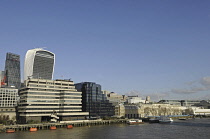 England, London, The view over the River Thames to the Modern Skyline of City of London with the Walkie Talkie and Cheesegrater Buildings.