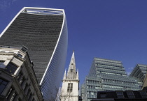 England, London, Saint Margaret Pattens church in Rood Lane with The Walkie Talkie Building in background.