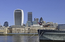 England, London, The view over the River Thames to the Modern Skyline of City of London with the Walkie Talkie and Cheesegrater and The Gherkin Buildings.