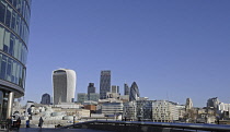 England, London, The view over the River Thames to the Modern Skyline of City of London with the Walkie Talkie, The Gherkin and Cheesegrater Buildings from More London.