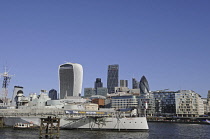 England, London, The view over the River Thames to the Modern Skyline of City of London with the Walkie Talkie and Cheesegrater and The Gherkin Buildings.