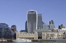 England, London, The view over the River Thames to the Modern Skyline of City of London with the Walkie Talkie, The Gherkin and Cheesegrater Buildings.