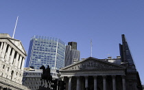 England, London, The Royal Exchange, Bank of England and The Cheesegrater Building and Modern skyline of City of London from Cheapside.