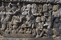 Indonesia, Java, Borobudur, Bas-relief showing people eating and drinking.
