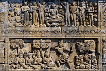 Indonesia, Java, Borobudur, Two-tiered bas relief, showing seated Buddha and followers on top tier, and soldier or king with bow and seated followers below it.