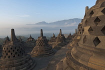 Stupas in the early-morning warm glow, with misty countryside and forested hills in the background