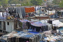 India, Maharashtra, Mumbai, Washing hanging out to dry in the midday sun, dhobi ghat, Mahalaxmi.
