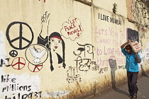 India, Maharashtra, Mumbai, 'Art wall' covered with slogans, graffiti and drawings to encourage Mumbai people to be positive and upbeat and anti-terrorism.