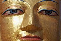 Nepal, Kathmandu, Close-up of gold-painted face of a standing Buddha statue on the way up to Swayambhunath temple Monkey temple.