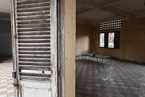 Cambodia, Phnom Penh, One of the cells at Toul Sleng Genocide Museum S-21. Toul Sleng, a high school, was taken over by the Khmer Rouge and turned into a prison, where people were tortured and murdere...
