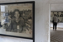 Cambodia, Phnom Penh, Old, grainy victims' photo at Toul Sleng Genocide Museum Security Prison-21 S-21. Toul Sleng was a high school, taken over by the Khmer Rouge and turned into a prison, where peop...