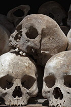 Cambodia, Phnom Penh, Skulls at the Choeung Ek Memorial stupa for victims of the killing fields of the Khmer Rouge.