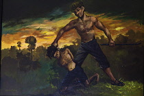 Cambodia, Phnom Penh, Painting by Vann Nath of a prisoner being beaten by a Khmer Rouge cadre with an iron bar at the killing field of Choeung Ek.