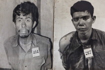 Cambodia, Phnom Penh, Two victims' photos at Toul Sleng Genocide Museum Security Prison-21 S-21. Toul Sleng was a high school, taken over by the Khmer Rouge and turned into a prison, where people were...