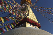 Nepal, Kathmandu, Top of the Great Stupa, glowing at dusk, showing the mass of multi-coloured Buddhist prayer flags hanging from it and two pairs of its eyes.