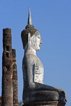 Thailand, Sukothai, Side view of white, seated Buddha, Wat Mahathat Royal Temple.