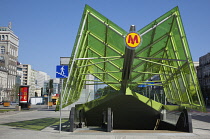 Poland, Warsaw, Centrum, Modern glass entrance to metro.