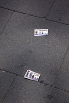 Poland, Warsaw, Mazowiecka, Flyers for prostitute services discarded in the street.