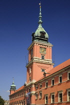 Poland, Warsaw, Royal Castle, facade and clock tower.