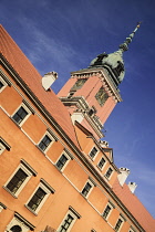 Poland, Warsaw, Royal Castle, clock tower seen from castle courtyard.