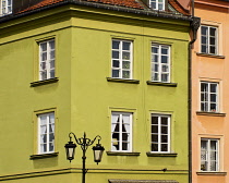 Poland, Warsaw, Detail of colourful facades in Plac Zamkowy or Castle Square.