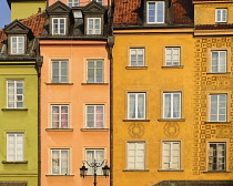 Poland, Warsaw, Detail of colourful facades in Plac Zamkowy or Castle Square.