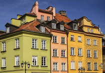 Poland, Warsaw, Detail of colourful facades in Plac Zamkowy or Castle Square.