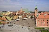 Poland, Warsaw, Royal Castle and Plac Zamkowy or Castle Square seen from St Anne's Church Viewing Tower.