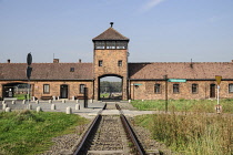 Poland, Auschwitz-Birkenau State Museum, Birkenau Concentration Camp, Railway tracks leading to the camps main SS guard gate.