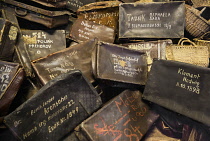 Poland, Auschwitz-Birkenau State Museum, Auschwicz Concentration Camp, Display unit with some of the victims suitcases.